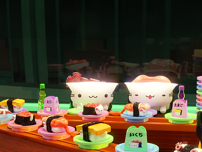 Sneak peek of an animation I'm working on! 3d b3d blender cat conveyor belt cute diner kawaii ramune restaurant sushi tako tamago
