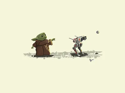 Baby Yoda Plays Fetch with BD-1 baby yoda bd 1 cute digital painting disney droid fetch geekart illustration jedi fallen order mandalorian movie star wars video game yoda