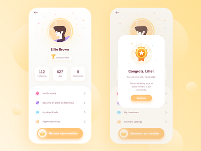 Flamingo 🦩• profile and badge app design badge character colorful game gradient icons illustration level minimalism minimalist mobile mobile app mobile ui premium profile settings social ui design uiux