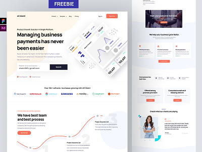 SaaS/Fintech Landing page Freebie for Figma and Adobe XD about us blog call to action contact us cta features footer freebie header homepage how it works landing landing page our blog saas landing page saas website testimonials web web design website