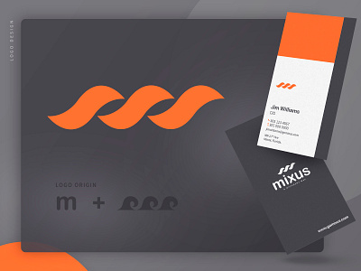 Logo Design Mixus branding business card design gray logo m mixus orange waves