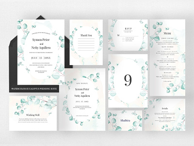 Watercolor Eucalyptus Wedding Suite card cards design diy elegant feminine invitation invitations invite invites minimal modern template wedding wedding card wedding invitation