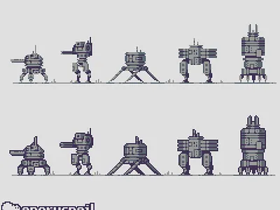 5 mechas, 4 colors, 2 versions 8bit 8bitart artwork design game design illustration mech pixel art pixelart robot scifi scifiart
