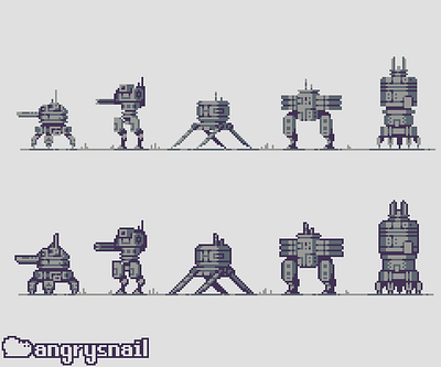 5 mechas, 4 colors, 2 versions 8bit 8bitart artwork design game design illustration mech pixel art pixelart robot scifi scifiart