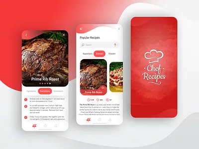 Chef Recipes • Mobile App • UI Design Exploration adobe xd appetizer branding carousel design design app food food app food logo foodie logo mobile app mobile design mobile ui recipe app recipes screens ui uiux xd