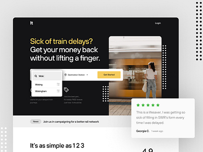 Latetrain Landing Page app landing page branding dark ui hero image hero section homepage landing page landing page template landing page ui reviews select train travel travel app