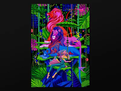 Hush digital art flora girl illustration jungle leaves lion lions marianna orsho mariannaorsho orsho palm leaves tropical umbrella vegetation