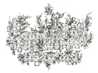 Elemental Distillers botanical design distillery floral flower foliage hand drawn illustration ink leaf promotional design science steampunk table of elements