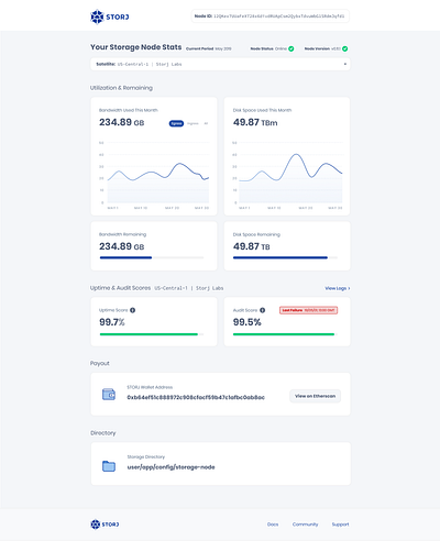 Storage Node Dashboard bandwidth blockchain blockchain cryptocurrency cloud dashboard dashboard design disk space distributed ethereum graphs status storage