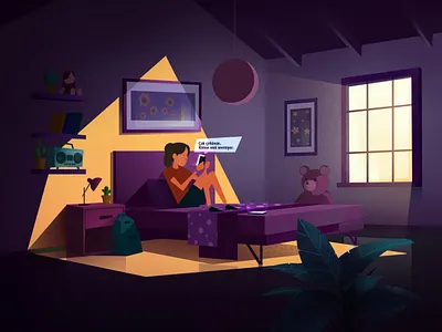Girl Texting 2d animation character dark design illustration motion night vector