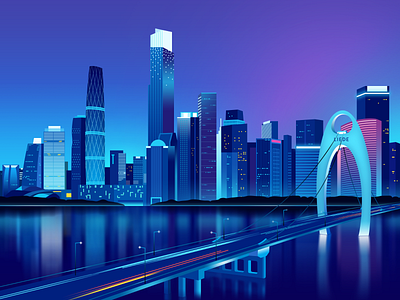 Night in Canton art blue bridge building canton china city color design guangzhou illustration light night nightscape river ui web