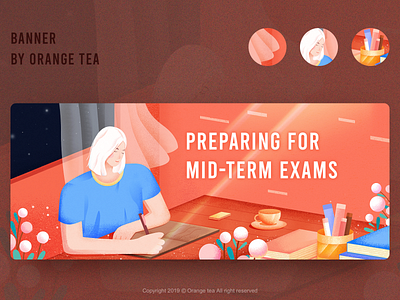 Illustration banner 02 blue book cup curtain design girl illustration orange reading table write homework write homework 插图 设计