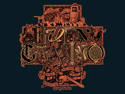 Buen Camino bull caligraphy camino compostela design illustration ink lettering los gubanos mountains owl pilgrim pilgrimage print santiago skull sword t shirt typography wine