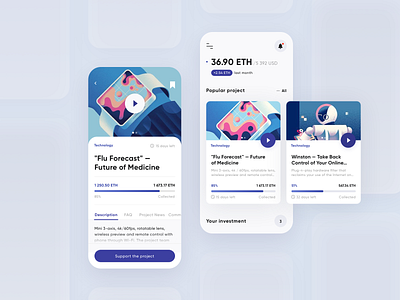 Crowdfunding App app clean concept crowd funding crowdfunding crowdfunding campaign cryptocurrency donate illustration interaction interface ios minimal ui ux