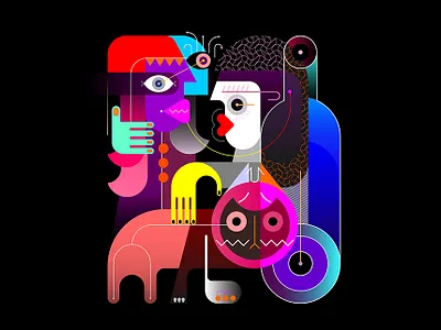 Two women and a cat abstract art artwork black bottle cat illustration meet meeting people pet petting stroke stroking stroking cat talking vector view through wine bottle woman