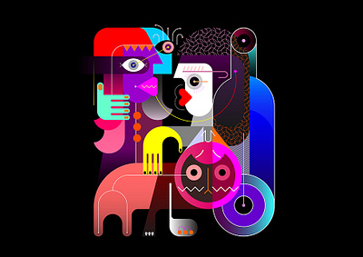 Two women and a cat abstract art artwork black bottle cat illustration meet meeting people pet petting stroke stroking stroking cat talking vector view through wine bottle woman