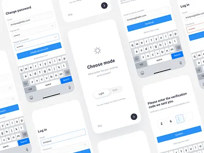Onboarding - Choose mode, Sign up app button choosemode create account darkmode fields input field keyboard login mobile app onboarding signup ui uidesign uiux userexperience userinterface ux verification wrong password