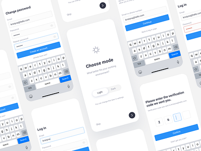 Onboarding - Choose mode, Sign up app button choosemode create account darkmode fields input field keyboard login mobile app onboarding signup ui uidesign uiux userexperience userinterface ux verification wrong password