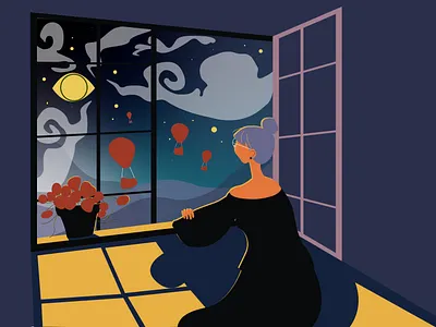The Window Girl clouds composition concept drawing flat girl graphics illustration story storyboard symbol thinking vector window