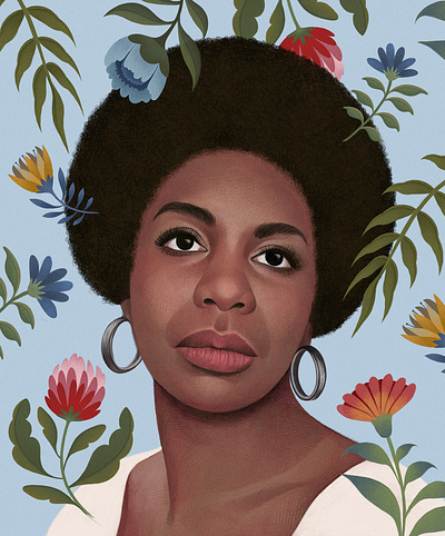 Nina Simone digital drawn floral folioart illustration mercedes debellard pattern portrait realist