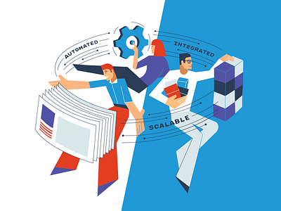 Bonus illustration automated bold colors flat illustration integrated interface lines man manage multiple papercut people platform scalable woman