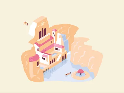 Desert city camel cenote desert illustration island lake not work pilgrim village waterfall