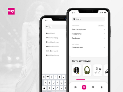 Very Mobile App - Search & Previously Viewed Items app design cards ecommerce ecommerce app ios list mobile mobile app recent search shopping smart search ux ui