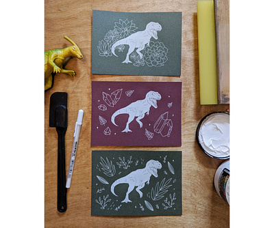 Three T-Rex friends art dinosaur drawing hand drawn pen screen print screenprint screenprinting