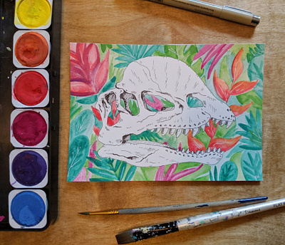 Tropical Dilophosaurus Skull dinosaur drawing hand drawn ink art painting pen watercolor