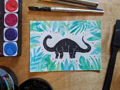 Tropical brontosaurus dinosaur screenprint screenprinting watercolor watercolor art watercolor painting