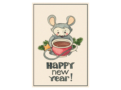 New year card (mouse with cup) 2020 card design happy illustration mouse new year watercolor