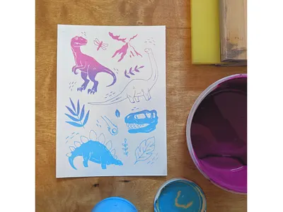 Ombre Dinosaurs art dinosaur hand drawn illustration screen print screenprint screenprinting