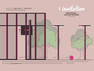 Dribbble Invitation #1 architecture ball basket basketball color contest court cozy december design fresh illustration illustrator invitation invite line line art pink vector view