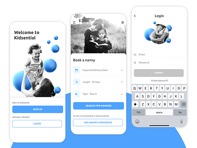 Kidsential Mom App booking bookings children design flat interaction design kid kids layout login mobile mum mum app nanny nanny booking sign up ui uiux