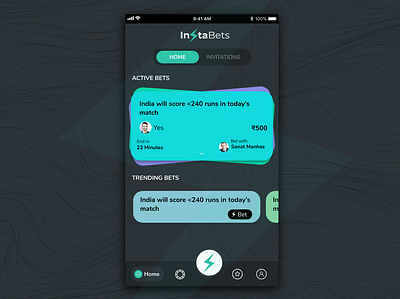 Instabets HomeScreen UI ambient bets betting cards clean color creative dark gamers gamification gaming home interaction money swipe ui ux