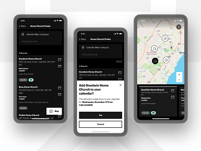 Home Church Finder app black church clean find graphik graphik font house icons ios list list view location map minimal modal native app ui ux white