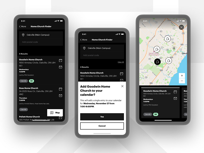 Home Church Finder app black church clean find graphik graphik font house icons ios list list view location map minimal modal native app ui ux white