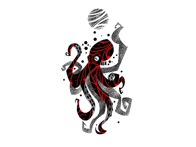 Octopus black design dotwork illustration octopus red