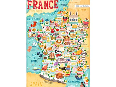 France food map illustration by Liv Wan design editorial illustration food illustration france french food map map illustration mapping travel vector