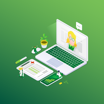 Isometric desk caracter creative design green illustration information isometric laptop product vector workspace