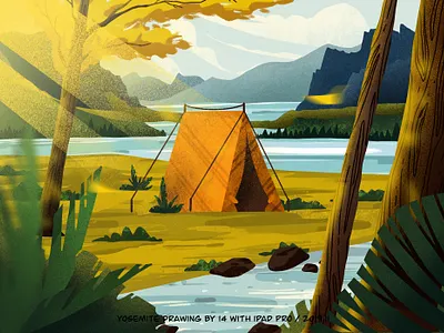 Yosemite grass illustration lake mountain procreate sky tree vector yosemite