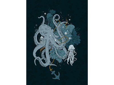 Botanical Barnacle Boy blue botanical bubbles digital digital painting floral flower foliage illustration jellyfish nautical ocean octopus