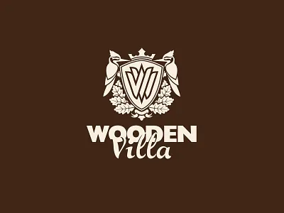 Wooden Villa bird branding crown design icon identity illustration initial lettering logo logotype monogram oak shield typography vector villa wooden woodpecker