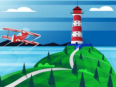 good day to fly bippane cloudy design flat flatdesign green illustration illustration art illustrations illustrator nature plane tower vector