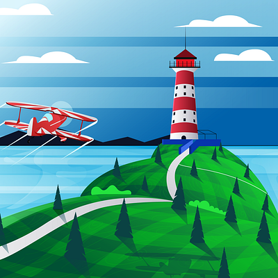 good day to fly bippane cloudy design flat flatdesign green illustration illustration art illustrations illustrator nature plane tower vector