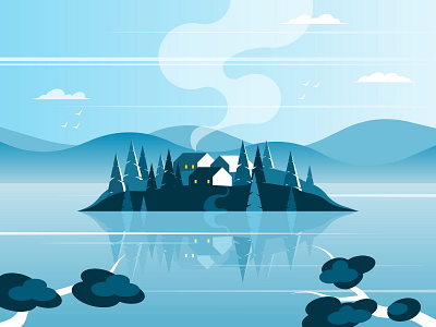 Island village on the lake air background cloud field fresh harmony hill holiday house illustration island lake landscape mountain nature rock travel vector village weather