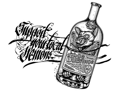 Support your local Demons alcohol bat bottle bottle label bubbles calligraphy demons design engrave firewater illustration ink lettering los gubanos print skull spirit t shirt typography water