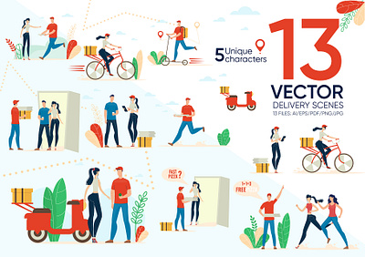 Food Delivery Vector Scenes boy deliver delivery fast flat food free illustration lunch man menu mobile online package pizza restaurant road service symbol vector