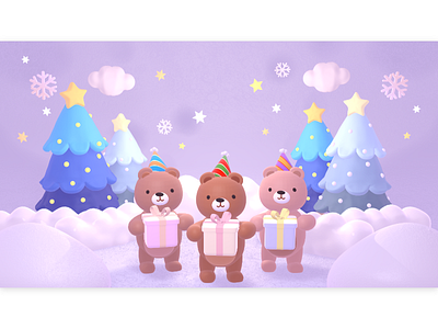 cute merry christmas bears 3d animal cartoon character children cute forest friend holiday kid land miniature pastel snow star toy tree winter wonderland