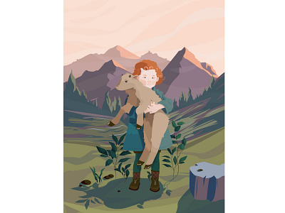 Scottish child background child design flat fog goat hug illustration kid lamb mountain redhead scotland scottish spring sunset vector yenling